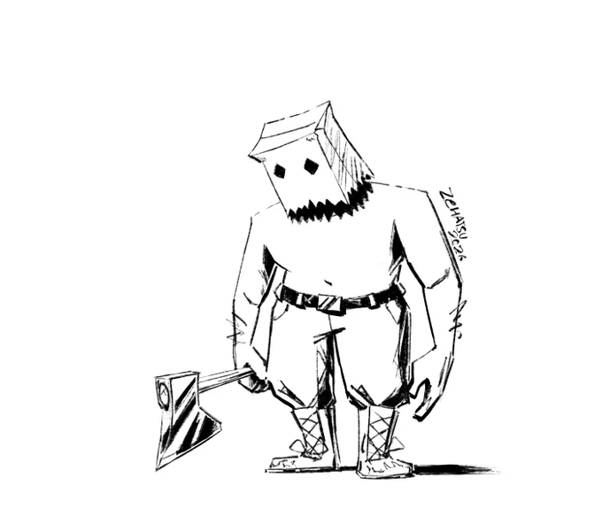 Drawing of a man holding an axe and wearing a paper bag on his head.