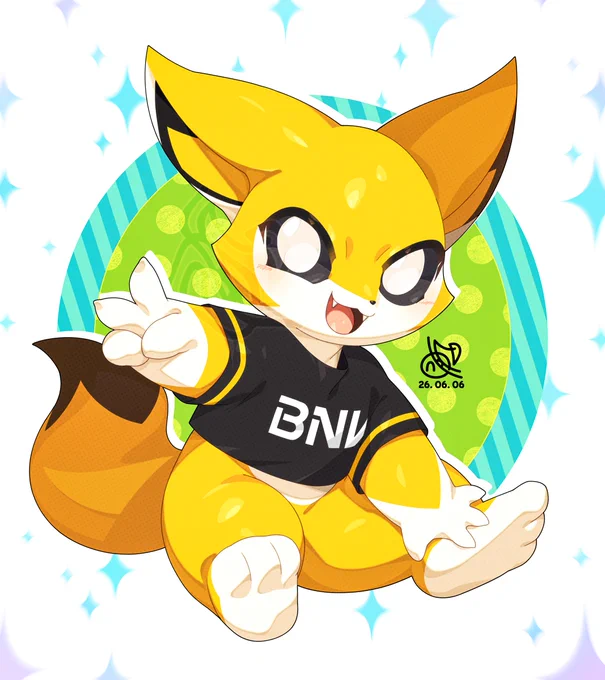 Digital illustration. A chibi-style, anthropomorphic yellow fox mascot named Nexx, sitting in a full-body view against a circular backdrop. The character features vibrant yellow fur, white paws and feet, large pointed ears, and prominent white sclera with thick black outlines, showcasing a joyful expression with two distinct fangs visible in its open mouth. It wears a cropped black T-shirt adorned with yellow sleeve stripes and the white text "BNK" across the chest, representing a League of Legends pro-gaming team mascot. The right hand is raised in a clear peace ("V") sign, while a large, bushy tail with dark brown accents curves upward on the left. The background consists of a layered circle with green and turquoise diagonal stripes and a yellow polka-dot pattern, framed by a soft white border embellished with light blue four-point starburst sparkles. A small black signature with the date "26.06.06" is placed on the middle right of the canvas.