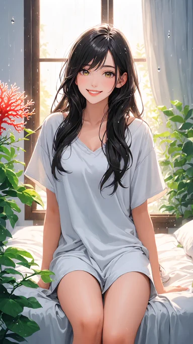 A close-up shot of a young Japanese woman, Masaki Kise, with black hair and sparkling black eyes, sitting on a bed in the morning. Wearing a crisp white sleeveless top, she leans slightly forward toward the viewer with a beaming, joyful smile that conveys deep warmth and affection. Soft morning sunlight fills the room, casting a gentle glow over her skin and the white bedding. The atmosphere is exceptionally clean, safe, and filled with a refreshing sense of daily life, highlighting a genuine and wholesome morning connection.