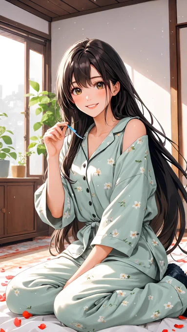 A medium shot of a young Japanese woman, Masaki Kise, with black hair and dark eyes, sitting on a bed filled with soft morning light. She wears a simple, clean white sleeveless top and tilts her head slightly, offering a bright, beaming smile toward the camera. In the background, a window allows gentle, bright light to illuminate the room, reflecting off white sheets and casting a refreshing aura. The composition focuses on an innocent, safe, and positive morning routine, beautifully capturing a sense of reliable daily comfort.