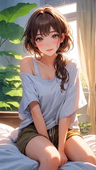 With a tender and calm overjoyed expression, Yuma Kise welcomes the new morning from her brightly lit bedroom. She wears a casual white top under a loose, voluminous light gray zip-up hoodie that comfortably wraps around her. Her brown hair looks soft in the daylight. The calm blue morning sky can be sensed beyond the neat room, highlighting a pure, safe, and nurturing start to the day.