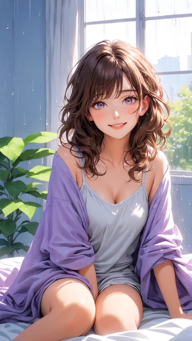 In the fresh, clean light of a beautiful morning, Yuma Kise sits on her bed wrapped in a large, comfortable light gray oversized hoodie over a white tank top. She has a pure, ecstatic smile that crinkles her eyes with genuine happiness. Her brown hair is soft and slightly messy from sleep. The gentle morning sun filters through the room, emphasizing a heartwarming sense of peace, care, and everyday love.
