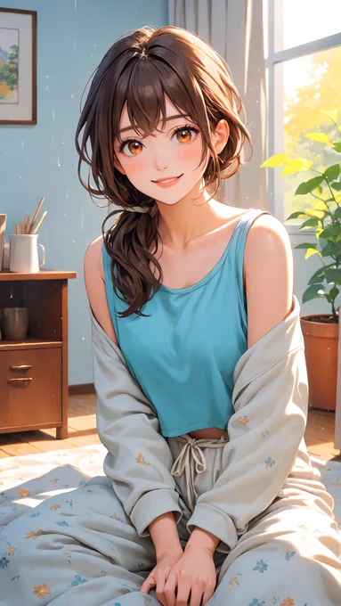 The bedroom is filled with gentle morning light as Yuma Kise sits on the bed, smiling radiantly with an ecstatic smile that conveys ultimate warmth and affection. She wears a casual white inner top and a cozy, loose light gray zipped hoodie. Her soft brown eyes lock onto the camera with complete comfort and motherly tenderness. The background shows a calm, minimalist home interior filled with soft morning light.