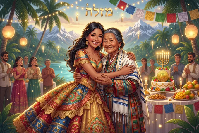 Create a warm, celebratory scene of a Paraguayan-Tibetan grandmother and her 15-year-old granddaughter at a joyful Quinceañera Jewish party. The grandmother is elegant and wise with blended Paraguayan and Tibetan features/attire (traditional elements, mandalas, colorful textiles). The granddaughter is radiant in a beautiful Quinceañera dress with subtle Jewish and Tibetan fusion details. Festive party atmosphere with cakes, candles, prayer flags or Jewish symbols, family and friends, tropical-Himalayan cultural blend. Wholesome, empowering, high detail, cinematic family moment.