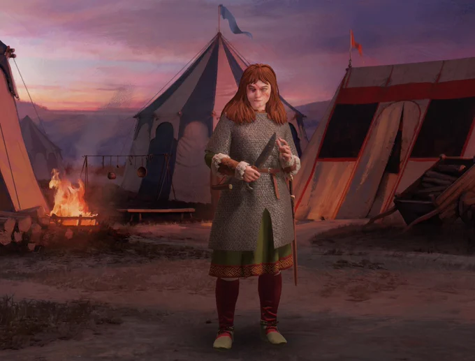 a young woman, looking seriously at the camera, stands holding a knife in front of some camp tents.