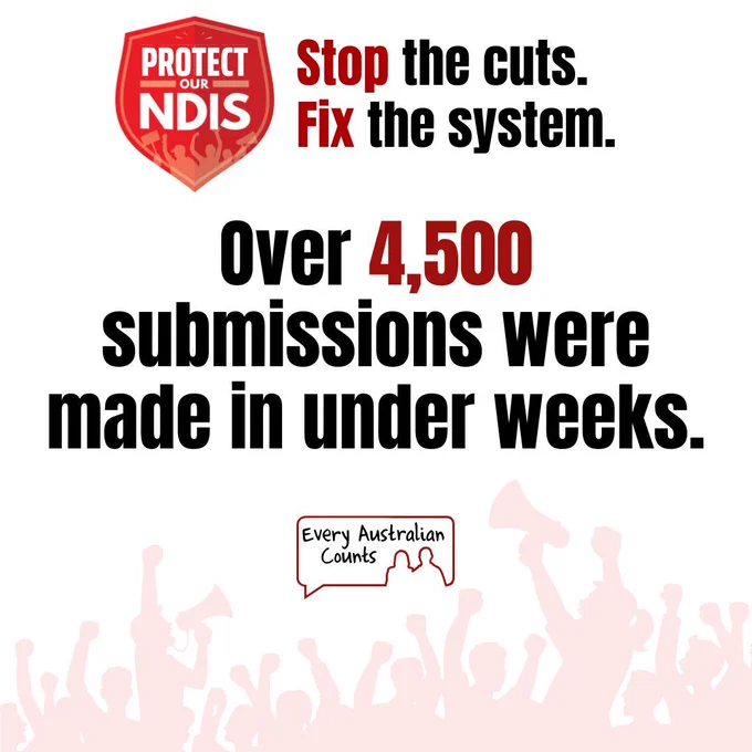 Campaign graphic with the Protect Our NDIS logo and the words "Stop the cuts. Fix the system." Large text reads: "Over 4,500 submissions were made in under weeks." At the bottom is the Every Australian Counts logo and a crowd of people holding megaphones and raising their fists in support and advocacy.