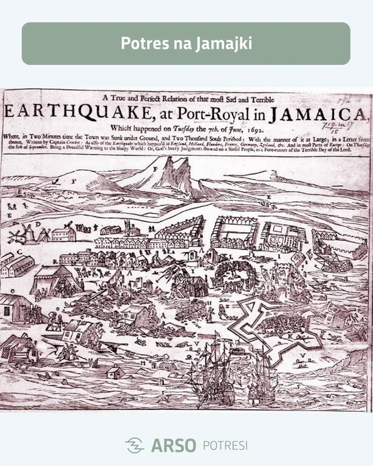Ilustracija potopljenega dela mesta Port Royal po potresu leta 1692, z obalnimi stavbami, ki delno izginjajo pod morsko gladino vsled likvefakcije (utekočinjenja) tal.
Vir: Wikimedia Commons – Mattes (2022)
https://commons.wikimedia.org/wiki/File:Sunken_Pirate_City_of_Port_Royal_1692_—_uploaded_by_Mattes_2022.jpg
