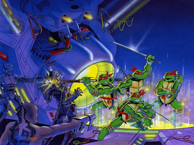 Teenage Mutant Ninja Turtles clean artwork by Michael Dooney used on the cover of issue #4 of TMNT (1987) and famously known for being the cover of the first NES game. Image depicts the four turtles sporting their trademark weapons, using red bandannas and facing off against some androids with Donatello blowing the head of nearest one. They're all in a sci-fi setting which seems to be a teleporter room with a weird mechanical contraption on the left side. The overall scene has a blue and purple tone with the teleporter pad being the exception with some bright yellow tones.