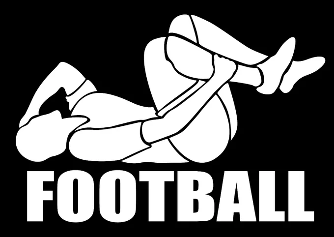 Stencil art of a football player lying on their back and clutching their shin. Beneath this picture is bold meme style text that reads 'football'.