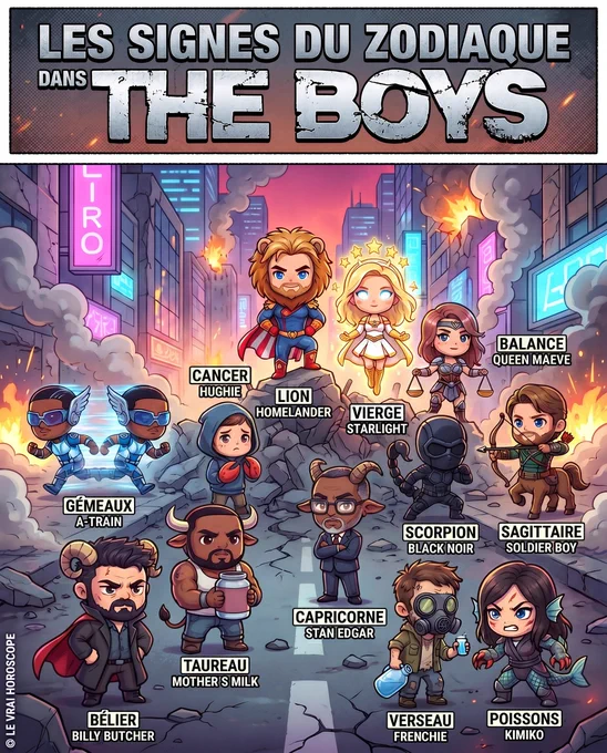 Illustration kawaii chibi des signes du zodiaque associés aux personnages de la série The Boys : Bélier en Billy Butcher, Taureau en Mother's Milk, Gémeaux en A-Train, Cancer en Hughie, Lion en Homelander, Vierge en Starlight, Balance en Queen Maeve, Scorpion en Black Noir, Sagittaire en Soldier Boy, Capricorne en Stan Edgar, Verseau en Frenchie, Poissons en Kimiko – ambiance sombre et explosive de la série avec ville en feu, néons et super-héros, style cartoon mignon.