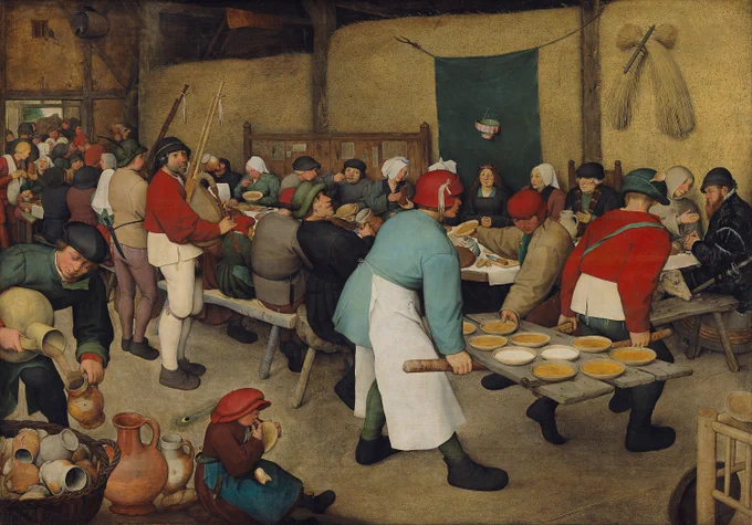 Pieter Bruegel (starszy; ok. 1525 – 1569), „Chłopskie wesele”, 1568 rok, olej na desce, Muzeum Historii Sztuki w Wiedniu (niem. Kunsthistorisches Museum Wien), Austria.