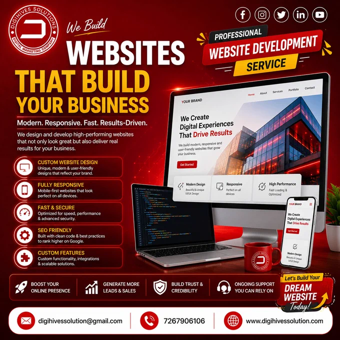 Digihives Solutions ✅ | Best Digital Marketing Company in Varanasi | Website Development Company | SEO & Social Media Marketing Agency

🌐 Professional Website Development Services for Your Business! 🚀

📈 Turn Your Digital Presence into Real Business Growth!
A powerful website is the foundation of your online success. At Digihives Solutions, we create modern, responsive, and business-focused websites that help you attract more customers and generate quality leads.

✅ Custom Website Development
✅ Responsive & Mobile-Friendly Design
✅ Business & E-Commerce Websites
✅ SEO-Friendly Development
✅ Fast Loading & Secure Websites
✅ User-Friendly Experience

🚀 Reach More Customers. Generate More Leads. Grow Your Brand Online.

📞 Connect With Us Today!
📲  91 72679 06106
📩 digihivessolution@gmail.com
🌐 https://digihivessolution.com/

💡 Your Success is Our Digital Mission!

#DigihivesSolutions #WebsiteDevelopment #WebDesign #WebsiteDeveloper #DigitalMarketingCompany #SEOCompany #SocialMedi