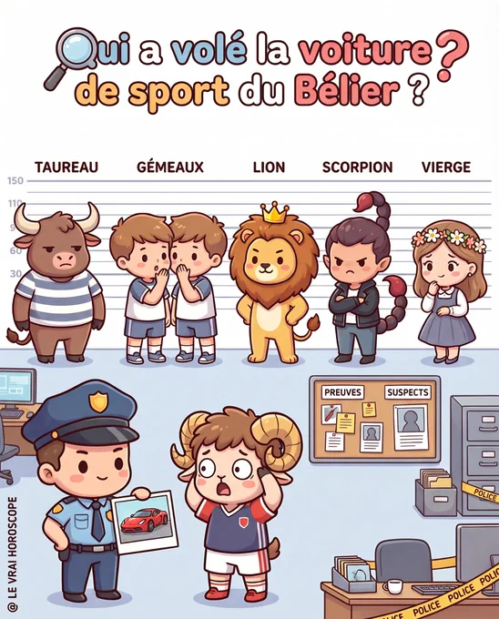 Illustration kawaii chibi humoristique d’un commissariat où l’on cherche qui a volé la voiture de sport du Bélier : les suspects sont Taureau, Gémeaux, Lion, Scorpion et Vierge alignés pour un tapissage, Bélier paniqué à côté d’un policier tenant une photo de la voiture rouge, ambiance cartoon de poste de police avec tableau d’enquête, style mignon.