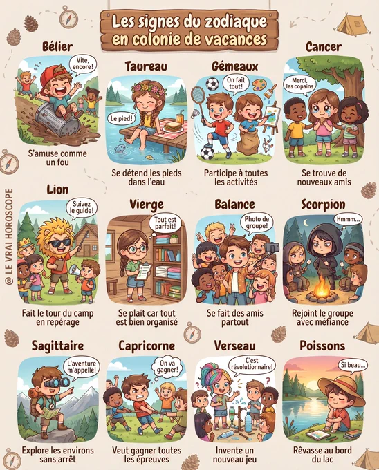 Illustration kawaii chibi des 12 signes du zodiaque en colonie de vacances : Bélier qui s’amuse comme un fou dans la boue, Taureau qui se détend les pieds dans l’eau, Gémeaux qui participe à toutes les activités, Cancer qui se fait de nouveaux amis, Lion qui fait le tour du camp en leader, Vierge qui apprécie l’organisation, Balance qui se fait des amis partout, Scorpion qui rejoint le groupe avec méfiance, Sagittaire qui explore les environs, Capricorne qui veut gagner toutes les épreuves, Verseau qui invente un nouveau jeu, Poissons qui rêvasse au bord du lac – ambiance estivale joyeuse avec forêt, lac et activités de colo, style cartoon mignon.
