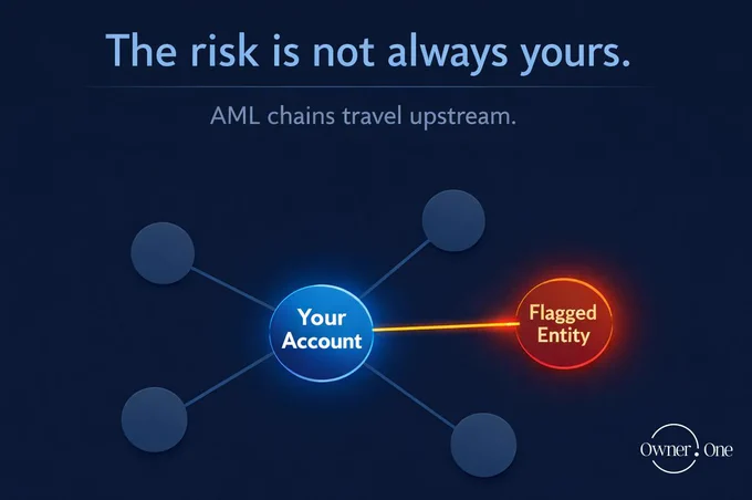 A bank can freeze your assets because of someone else's transaction. Most founders have no idea.
There is a category of risk that most capital founders never encounter until it's too late to prevent: contamination through association.

Banks and brokers operate under AML (Anti-Money Laundering) and CFT (Counter-Financing of Terrorism) frameworks that evaluate not just your transactions — but who transacted with you, and who transacted with them.