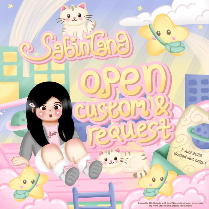 ⭐ untuk sistemnya langsung send form ordermu saja tidak war atau book slot
⭐ send form ordermu bisa ke DM, tele atau wabis aku yaa bole pilih saja 
⭐ tidak ada max order 
⭐ untuk estimasi request 3-7 hari 
⭐ untuk estimasi custom 7-12 hari 
⭐ payment dilakukan diawal untuk menghindari hnr
⭐ akan sabintang kerjakan satu per satu jadi mohon bersabar yaa! <3
⭐ khusus yang custom wajib membaca tnc nya terlebih dahulu yaa kalau bingung bole tanya aku saja 

selamat jajank all 🤩💗