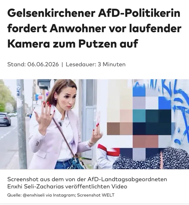 Gelsenkirchener AfD-Politikerin fordert Anwohner vor laufender Kamera zum Putzen auf
Stand: 06.06.2026 | Lesedauer: 3 Minuten
Screenshot aus dem von der AfD-Landtagsabgeordneten
Enxhi Seli-Zacharias veröffentlichten Video