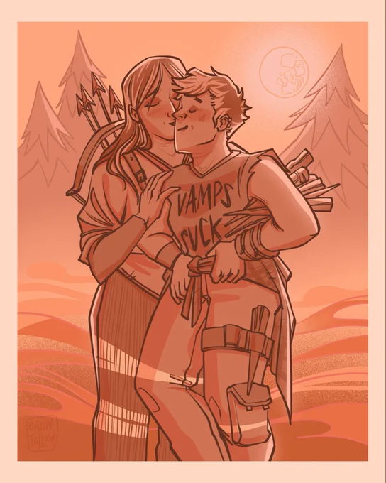 Vampire hunters Caitlyn and Vi sharing a kiss under the moon light