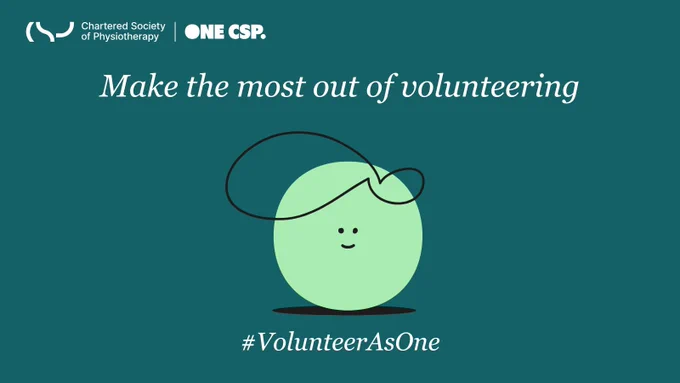 Teal graphic with a cartoon image of a face. There is also the text: ‘Make the most out of volunteering’. 