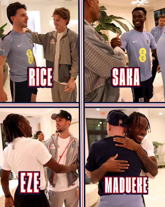 Pictures of Declan Rice, Bukayo Saka, Eberechi Eze and Noni Madueke arriving into Three Lions camp