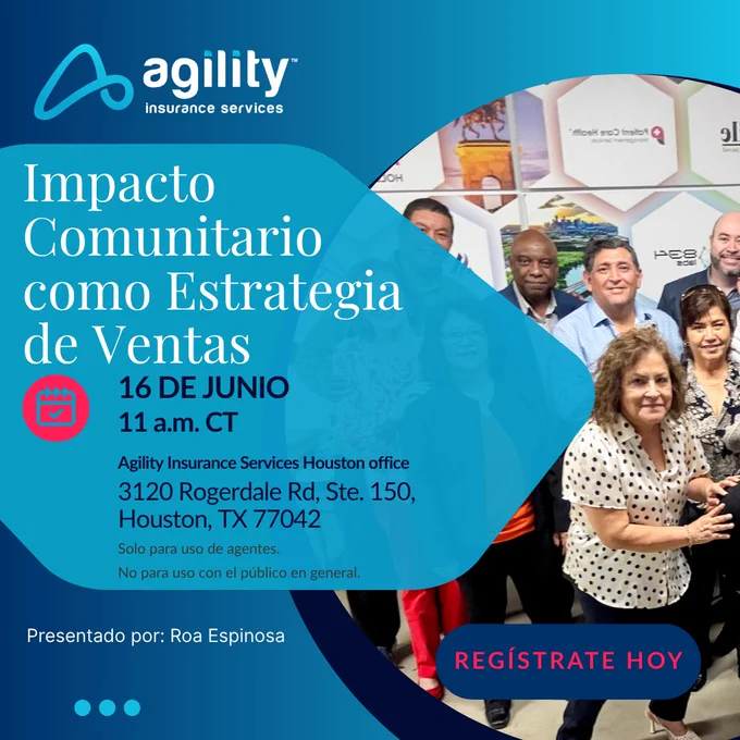 Promotion for Agility Insurance Services event focusing on community impact as a sales strategy, featuring group photo of diverse participants. Professional and informative tone.