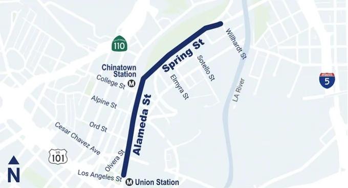 Map highlighting Spring Street and Alameda Street near Union Station and Chinatown Station in Los Angeles.
