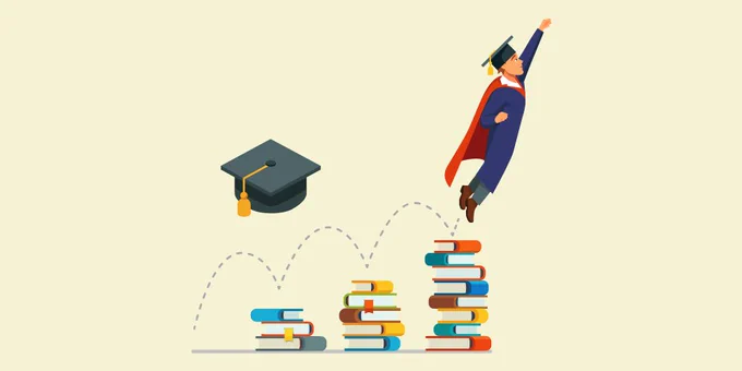 Illustration of a student jumping off piles of books and graduating.