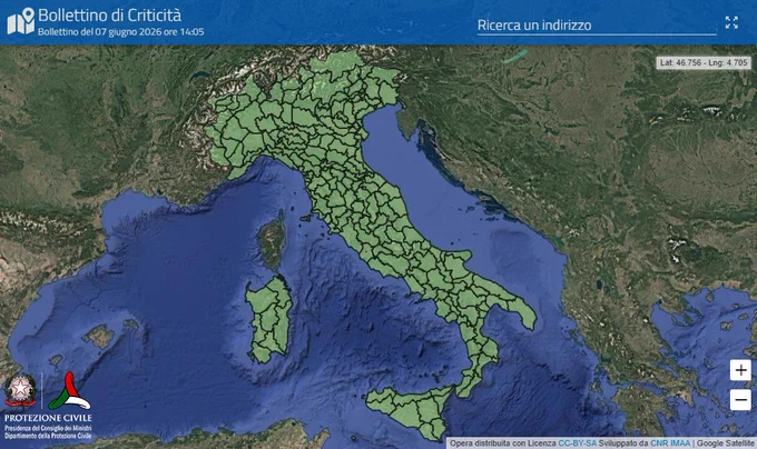 Immagine mappa bollettino di criticità meteo-idro, previsionale del 7 giugno: lunedì 8 giugno la mappa è VERDE per assenza di fenomeni significativi ai fini di protezione civile 