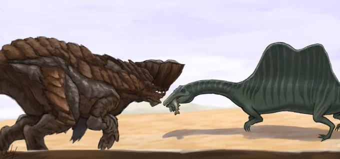 A Spinosaurus came in for a Gajau snack in a mud bog that belongs to a Barroth. Barroth may not really have a conflict of interest with Spinosaurus who does not call muddy bogs home, but it has to be wary nevertheless.