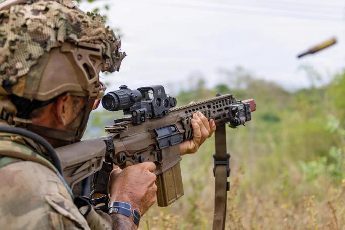 U.S. Army 1st Sgt. Ivan Gutierrez, the senior enlisted advisor for Alpha Company, 2nd Battalion, 35th Infantry Regiment, 3rd Mobile Brigade, 25th Infantry Division, engages opposing forces during the Joint Pacific Multinational Readiness Center Exportable Exercise at Fort Magsaysay, Nueva Ecija, Philippines, May 19, 2026.