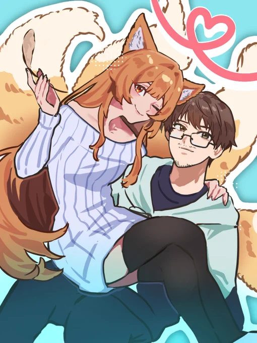 Roman and Yuzuki. Yuzuki sits on Roman's lap, holding a feather in her right hand