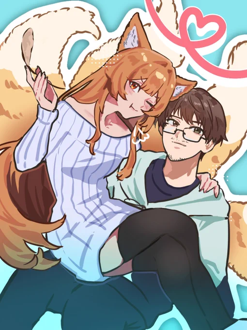 Roman and Yuzuki. Yuzuki sits on Roman's lap, holding a feather in her right hand. Yuzuki is pouting and has her left eye closed