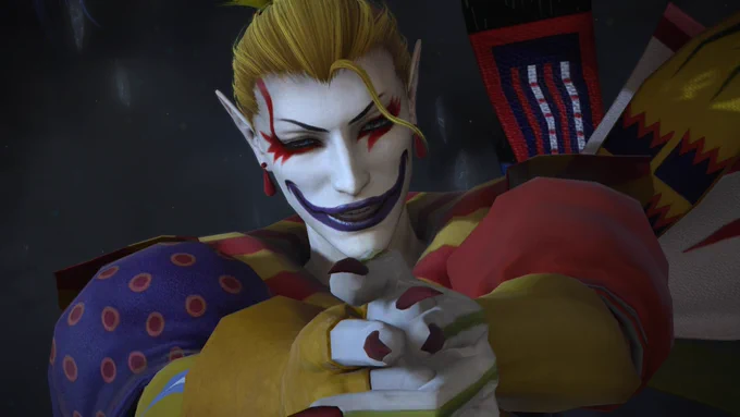Une capture d'écran de Final Fantasy 14 qui montre le visage et le haut du torse d'un homme avec des cheveux blonds attachés qui a un maquillage de clown et une tenue aux différentes couleurs vives. Il a ses deux mains ensemble en avant et fait semblant que ses mains et doigts sont un pistolet qui s'apprête à tirer.