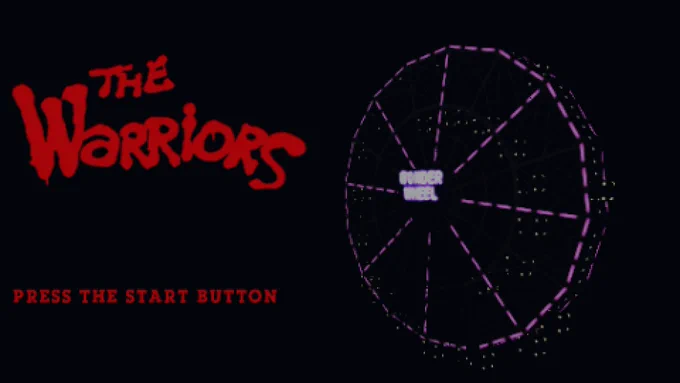 Title screen of the game The Warriors for PlayStation Portable, with the name of the game in the upper-left corner, and just below it, the phrase “Press the START Button.” On the right side of the screen, the Coney Island Wonder Wheel is illuminated against the complete darkness surrounding it.