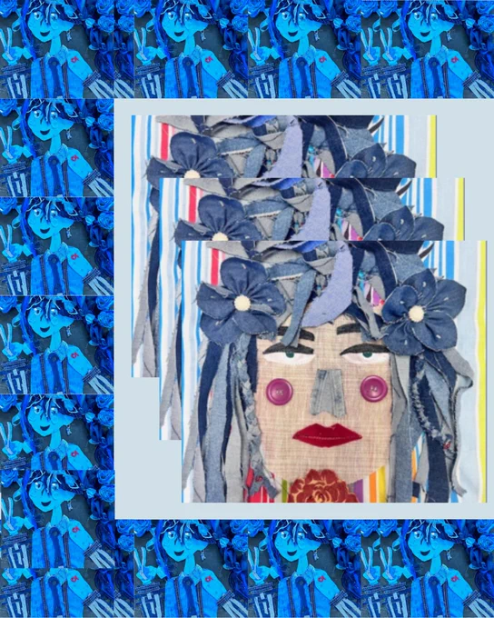 A face made from blue scraps, with a repeating pattern of a blue character around the top, bottom and sides.