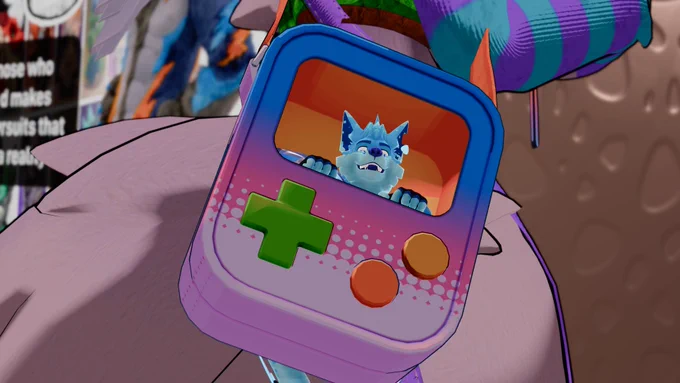 A very small F.Y.N.N. (our blue fox hologram mascot) has an extremely michevious look poking out his head from the inside of a tiny portable game console keyring-style accessory.