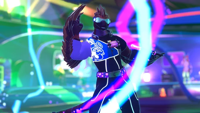 A dinosaur/raptor avatar dancer busts a move with the impression of a neon line of action following their motion. 