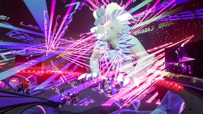Club F.Y.N.N. screenshot. An explosion of pink-magenta-purple lasers greet the appearance of Jill, our giant monster club friend!