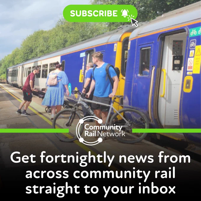 Graphic. Photo, courtesy of the Friends of Glazebrook Station, shows several people getting on and off a Northern train, including with pushchairs and bicycles. The white Community Rail Network logo can be seen sandwiched between two bright green lines, and the text reads: "Get fortnightly news from across community rail straight to your inbox." At the very top of the graphic is a bright green box with 'Subscribe' written inside it, with a black cursor arrow pointing to it.