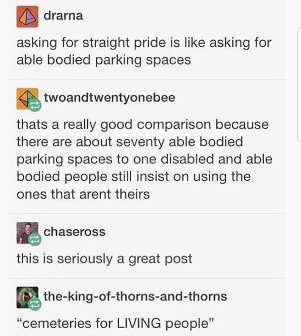 Poster 1: Asking for straight pride is like asking for able bodied parking spaces
Poster 2: That's a really good comparison cos there are about 70 able bodied parking spaces to 1 disabled & abled bodied people still insist on the using the ones that aren't theirs.