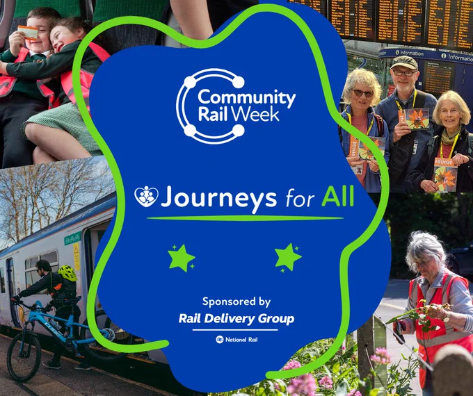 Graphic. A blue shape in the middle is surrounded by a bright green line. The text reads: "Community Rail Week. Journeys for All. Sponsored by Rail Delivery Group." 4 photos surround the shape, including (clockwise from top left): two excited children looking at their tickets on a train trip; 3 volunteers holding up leaflets at a stall; a volunteer tending to a station garden; and a man alighting a train with a bicycle.