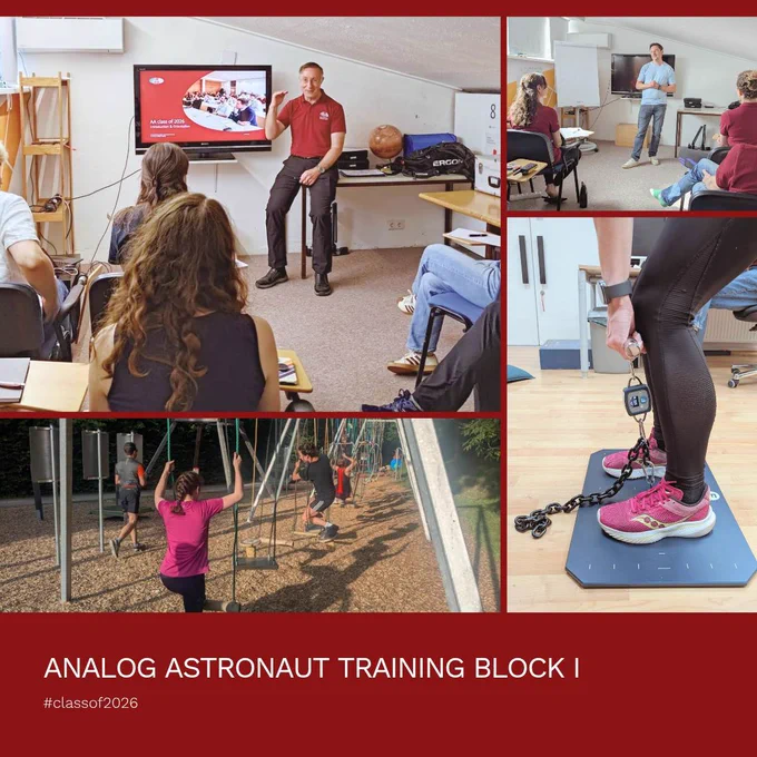 A collage showing an analog astronaut training session with a male instructor presenting to seated students in a classroom, participants engaging in outdoor physical exercises on swings, and a close-up of a person using resistance bands on a platform, all set against a red background with the title 'ANALOG ASTRONAUT TRAINING BLOCK I' and hashtag #classof2026.