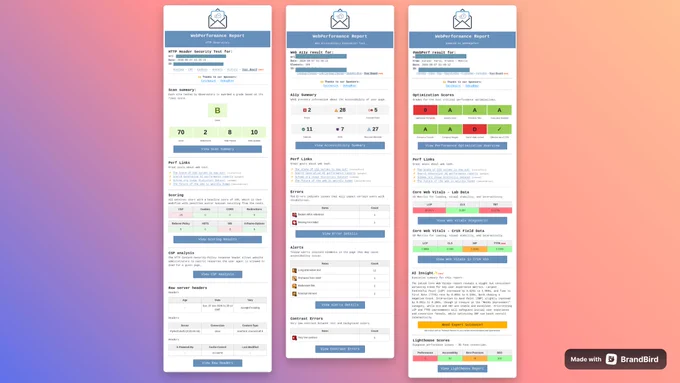 Three WebPerformance Report email examples showing web performance, accessibility, and security reports on a colorful gradient background.