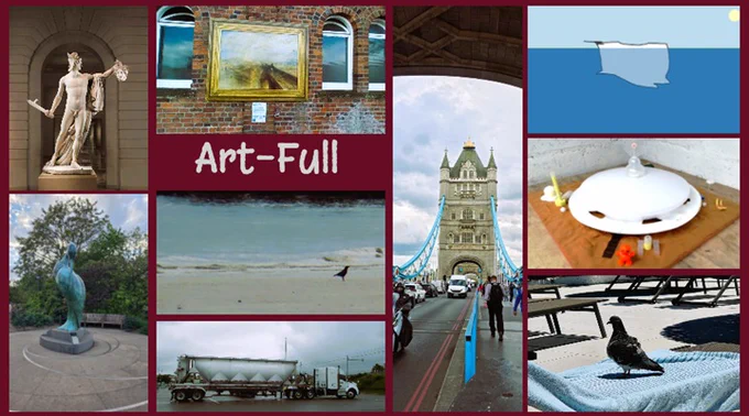 This week's title is Art-Full. Clockwise from upper left: A statue of Perseus with the head of Medusa, a hard-to-see painting on a brick wall, London Bridge from on the bridge, a drawing of an icebereg, an art diorama of a UFO, a pigeon on a deck chair, a very long white tank truck in a parking lot, a crow on a sandy beach, and a large bird statue in a park.