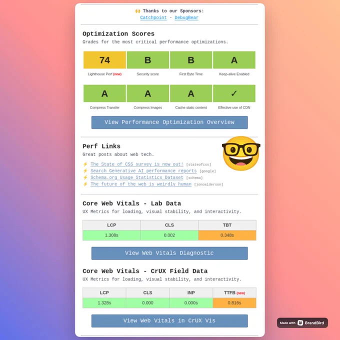 WebPerformance Report performance email preview highlighting optimization scores, Perf Links, and Core Web Vitals metrics on a colorful gradient background.