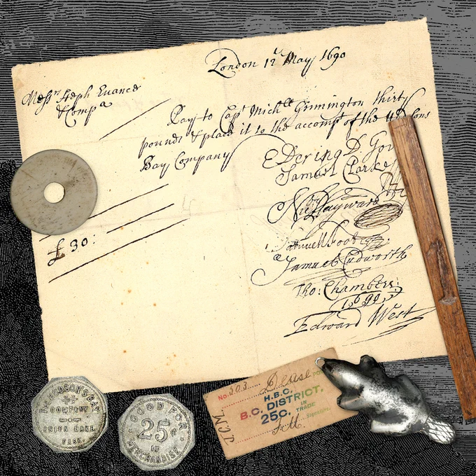 Collage montrant des pièces de monnaie, des jetons, des bijoux en forme de castor et des documents.