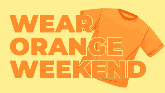 An orange t-shirt on a white background with the words "we can end gun violence." "Wear Orange Weekend" is in all caps;