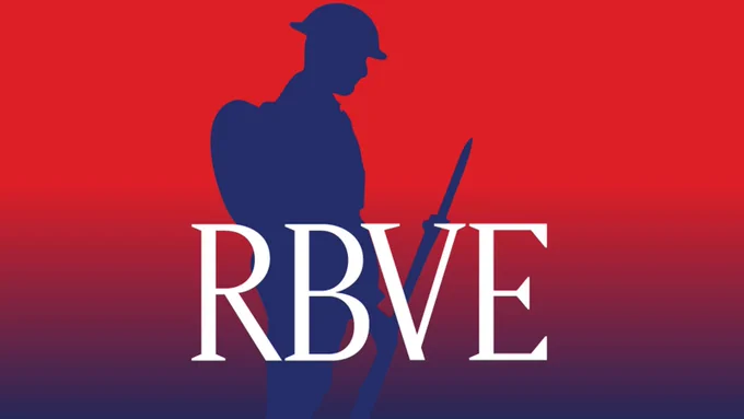 Silhouette of a soldier holding a rifle against a red to dark blue gradient background with the letters RBVE in white.