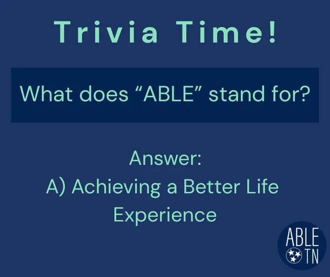 Trivia-style graphic that reads “Trivia Time! What does “ABLE” stand for? followed by the answer: Answer: A) Achieving a Better Life Experience” with ABLE TN branding. 