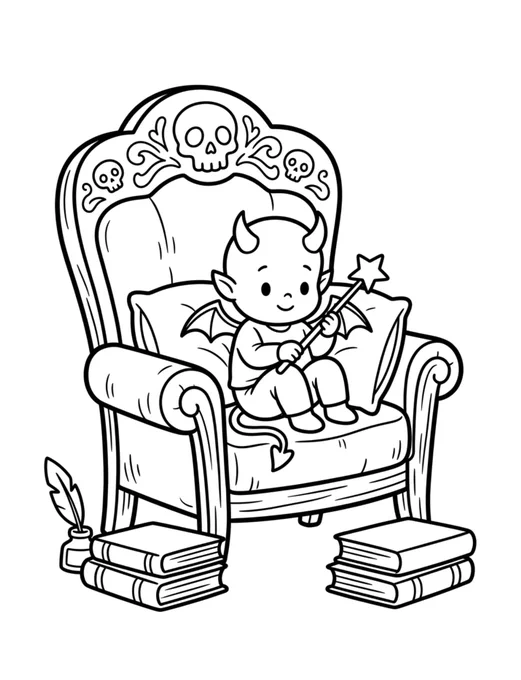 A coloring book page illustration titled "Kawaii Gothic Coloring Book 2.jpg," featuring bold black outlines ready to be colored. A cute little baby devil with tiny horns, wings, and a pointed tail sits snugly in a large, ornate gothic armchair. The top of the chair is decorated with carved skulls and elegant filigree. The baby devil is smiling and holding a small star-topped magic wand. On the floor by the chair, stacks of books are neatly piled on both sides, with a feather quill and inkwell resting on the left stack. The artwork blends a gothic theme with a cute, cozy aesthetic.